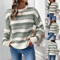 Fashion Contrast Color Stripe Printed Crew Neck Long Sleeve Sweater