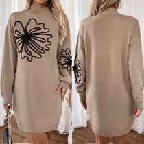 Fashion Floral Pattern Crew Neck Long Sleeve Sweater Dress
