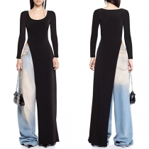 Fashion U-neck Long Sleeve Side Slit Irregular Hemline Longline Shirt