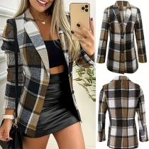 Fashion Notch Lapel Long Sleeve Plaid Blazer