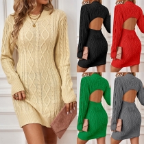 Sexy Cable Pattern Crew Neck Long Sleeve Backless Knitted Sweater Dress