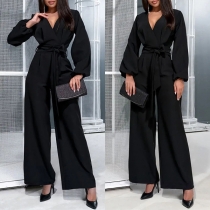 Elegant V-neck Long Sleeve Wide-leg Self-tie Jumpsuit
