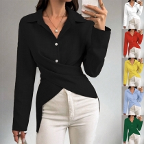 Fashion Polo V-neck Long Sleeve Front Button Cross High-low Hemline Shirt