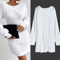 Fashion Crew Neck Long Sleeve Hollow Out Sweater Dress