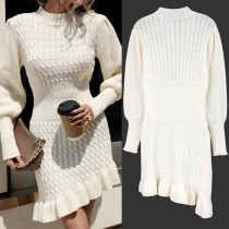 Fashion Cable Pattern Crew Neck Long Sleeve Irregular Ruffle Hemline Knitted Sweater Dress
