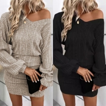 Fashion V-neck Long Sleeve Bodycon Ribbed Dress