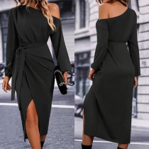 Fashion Slant Shoulder Long Sleeve Self-tie Slit Dress