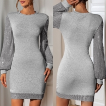 Fashion Crew Neck Sequined Long Sleeve Bodycon Dress