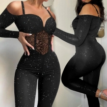Fashion Bling-bling Sweetheart Neckline Long Sleeve Lace Spliced Jumpsuit