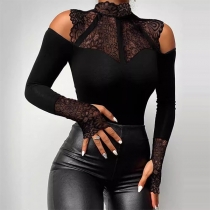 Sexy Lace Spliced Open-shoulder Long Sleeve Slim-fit Shirt