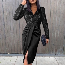 Fashion Bling-bling Sequined Spliced V-neck Long Sleeve Front Slit Party Dress