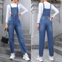 Street Fashion Adjustable Shoulder Strap Straight-cut Denim Jumpsuit