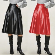 Vintage Solid Color High-rise Artificial Leather PU Skirt