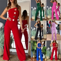 Sexy Strapless Front Button Straight-cut Jumpsuit