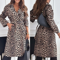 Fashion Leopard Printed Notch Lapel Long Sleeve Self-tie Jacket