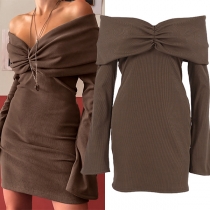 Sexy Strapless Front Ruched Long Sleeve Bodycon Dress