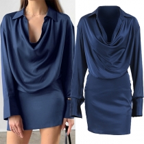 Sexy Polo Draped Neck Long Sleeve Bodycon Dress