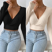 Sexy Solid Color V-neck Long Sleeve Ribbed Crop Shirt