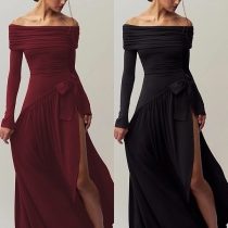 Sexy Off-the-shoulder Long Sleeve Self-tie Bowknot Side Slit Maxi Party Dress