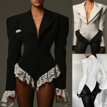 Elegant Notch Lapel Puff Long Sleeve Lace Spliced Blazer Bodysuit