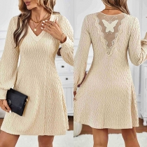 Fashion V-neck Long Sleeve Back Gauze Butterfly Spliced Texture Dress