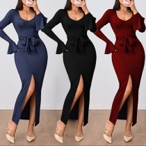 Fashion Solid Color V-neck Trumpt Long Sleeve Self-tie Bowknot Front Slit Maxi Bodycon Dress
