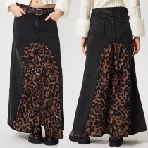 Street Fashion Leopard Printed High-rise Denim Skirt