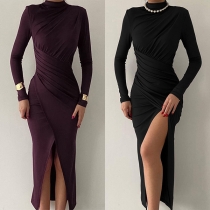 Fashion Crew Neck Long Sleeve Ruched Front Slit Maxi Bodycon Dress