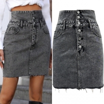 Fashion Button High-rise Frayed Hemline Old-washed Denim Skirt