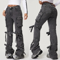 Street Fashion Side Patch Pockets Self-tie Bowknot Wide-leg Old-washed Denim Jeans