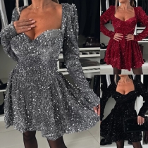 Fashion Bling-bling Sequin Sweetheart Neckline Long Sleeve Mini Party Dress