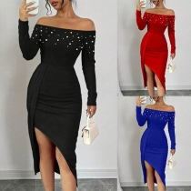 Sexy Beaded Off-the-shoulder Irregular Hemline Bodycon Party Dress