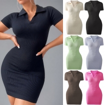 Fashion Polo-neck Short Sleeve Ribbed Bodycon Dress