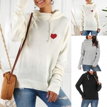 Fashion Heart Printed Drawstring Hooded Long Sleeve Sweater