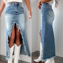 Street Fashion Old-washed Frayed Hemline Front Slit Old-washed Denim Skirt
