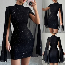 Fashion Bling-bling Mock Neck Slit Long Sleeve Bodycon Party Dress