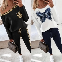 Casual Leopard Printed/Butterfly Printed Two-piece Set Consist of Round Neck Shirt and Drawstring Pants