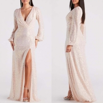 Sexy Bling-bling Sequined V-neck Long Sleeve Side Slit Maxi Party Dress