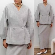 Elegant Two-piece Set Consist of Double-breasted Shirt and Maxi Skirt