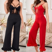Sexy Lace Spliced Front Cutout Straight-cut Nightwear Jumpsuit