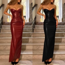 Sexy Strapless Back Lace-up Artificial Leather PU Bodycon Dress