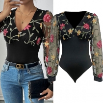 Sexy Floral Embroidery V-neck Gauze Spliced Long Sleeve Bodysuit