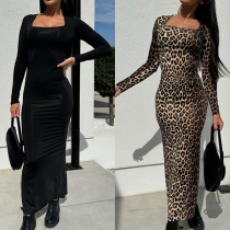 Sexy Leopard Printed Square Neck Long Sleeve Bodycon Maxi Dress