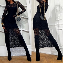 Sexy Crew Neck Long Sleeve Bodycon Lace Dress