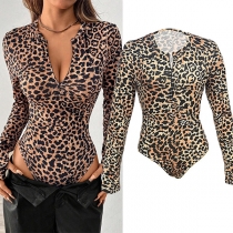 Sexy Leopard Printed V-neck Long Sleeve Bodysuit