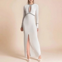 Fashion Bling-bling Rhinestone Crew Neck Front Cutout Long Sleeve Maxi Dress
