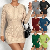 Fashion Crew Neck Long Sleeve Cable Pattern Bodycon Sweater Dress