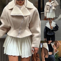 Fashion Plush Lined Notch Lapel Long Sleeve Slant Zipper Crop Jacket