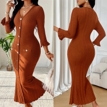 Fashion V-neck Elbow Sleeve Front Button Ribbed Midi Dress