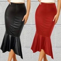 Fashion Solid Color Ruffle Hemline Slim-fit Artificial Leather PU Skirt